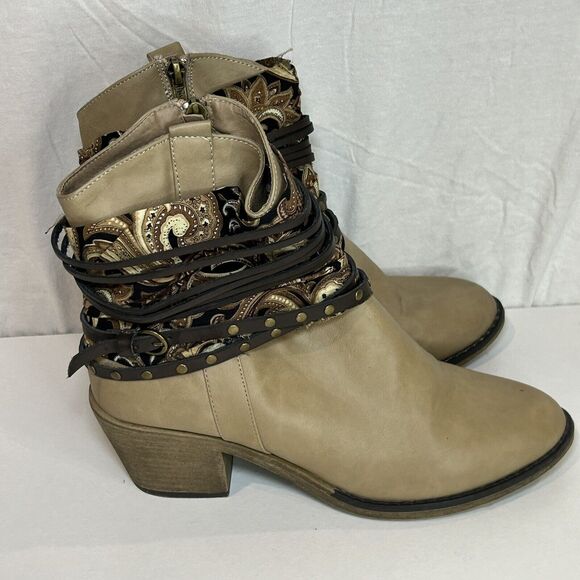 Nature Breeze Shoes - Nature Breeze Dallas Tan Paisley Ankle Booties Women’s Size 10 Plaid Lined